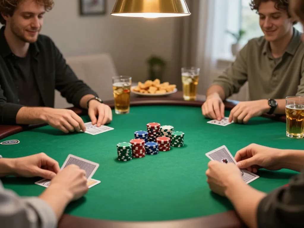 Pokerseri poker night scene with players engaged, colorful chips stacked, and drinks present.