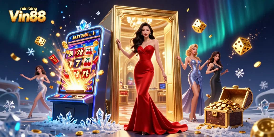 Engage with nền tảng Vin88's vibrant casino experience featuring an Asian woman amid thrilling slot action.