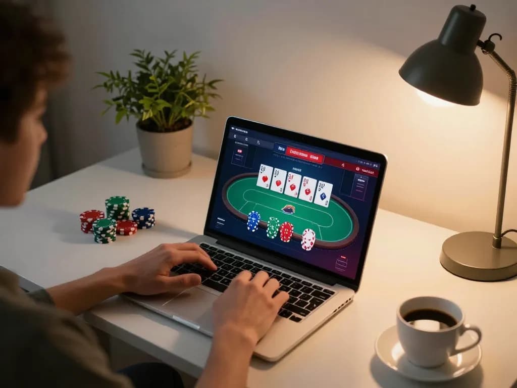 Engaging online gameplay at LUCKYWIN.COM with poker interface on laptop, demonstrating strategic gambling