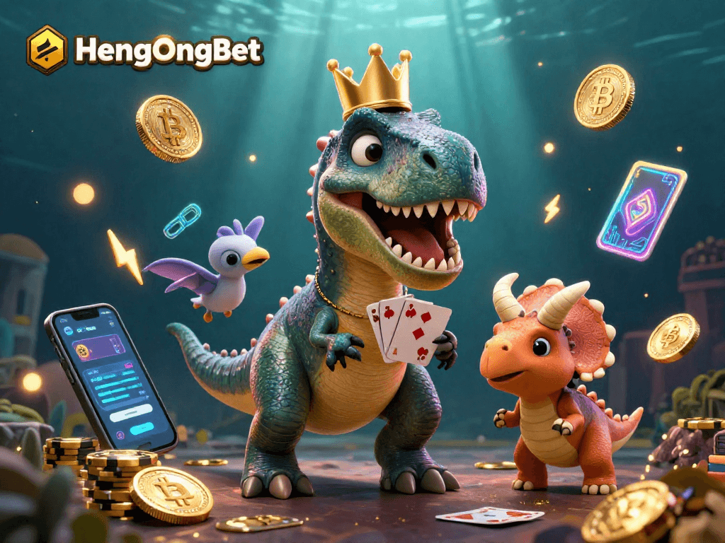 Engage in thrilling casino action with HengOngBet, featuring friendly dinosaur characters and crypto elements.
