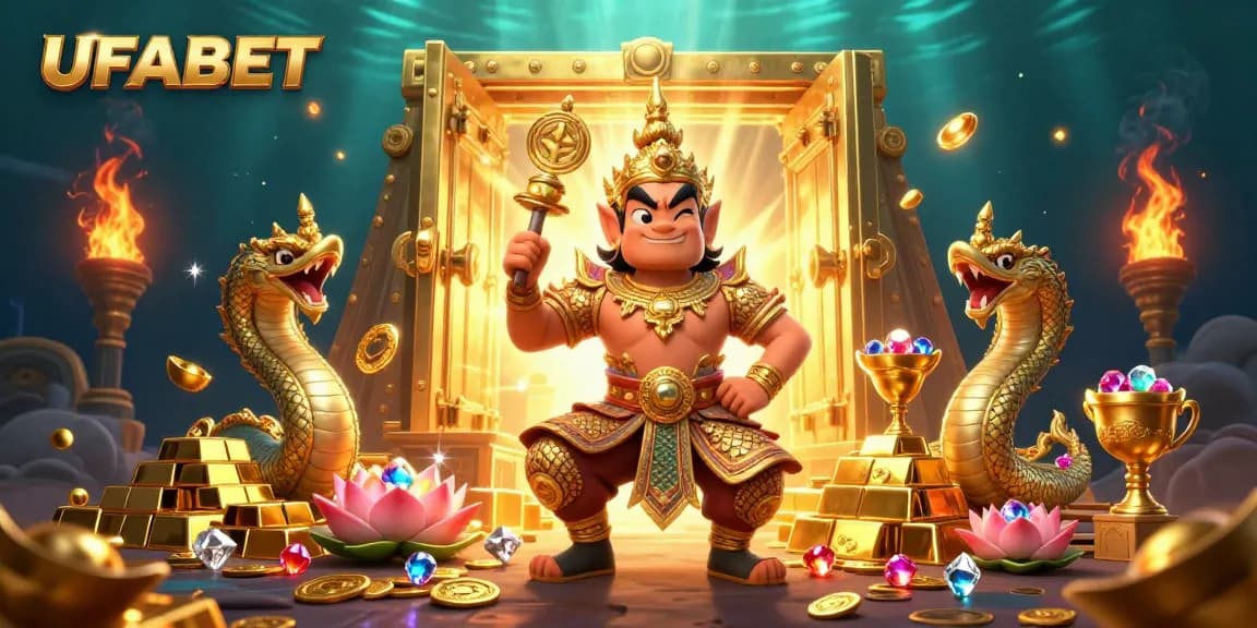 Win big at UFABET with a vibrant casino scene featuring golden treasures and Thai guardians.
