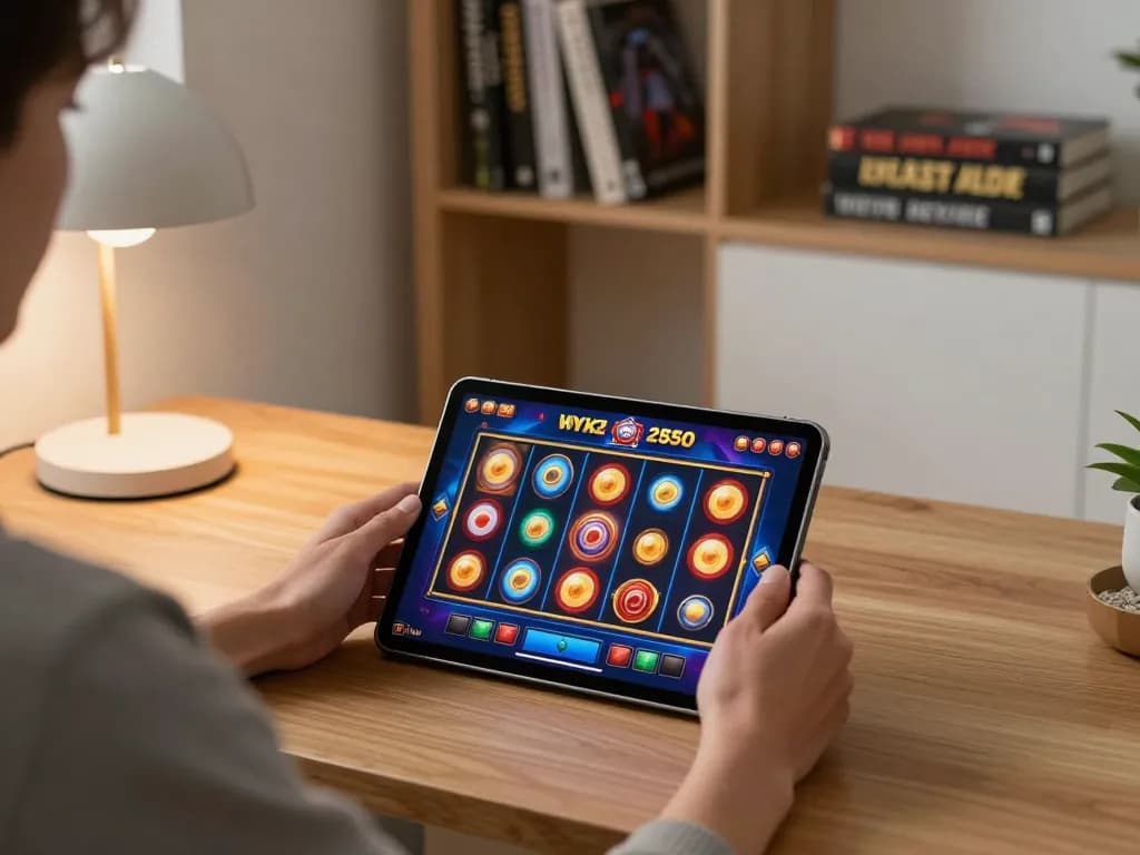 Player enjoying a thrilling Luck8 slot game on a tablet with colorful reels spinning.