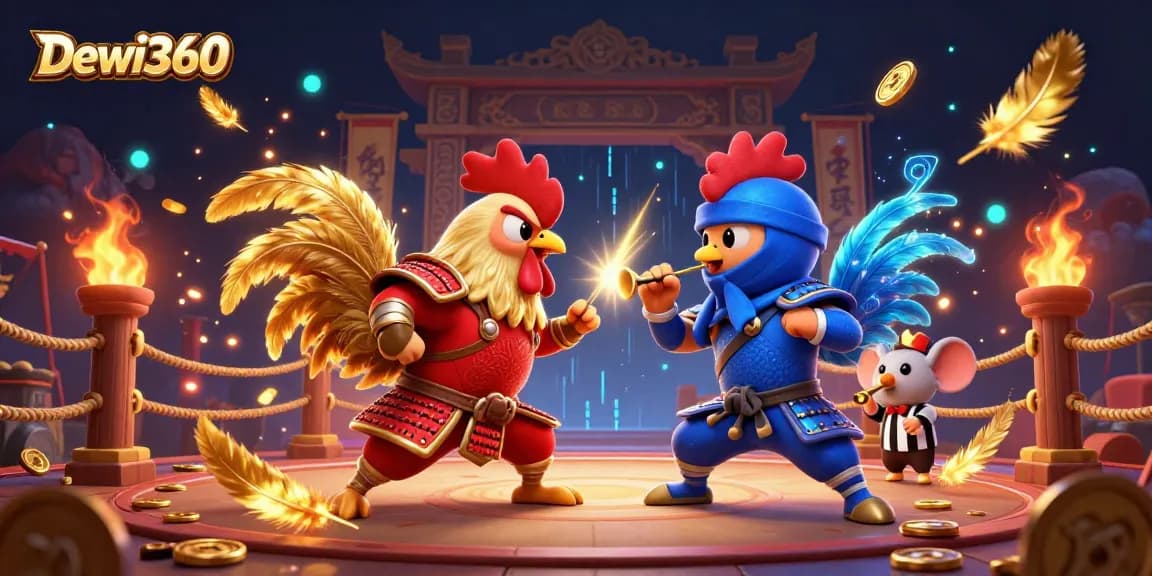 Dewi360 memperlihatkan pertarungan antara ayam jantan dalam arena judi dengan efek dramatis.