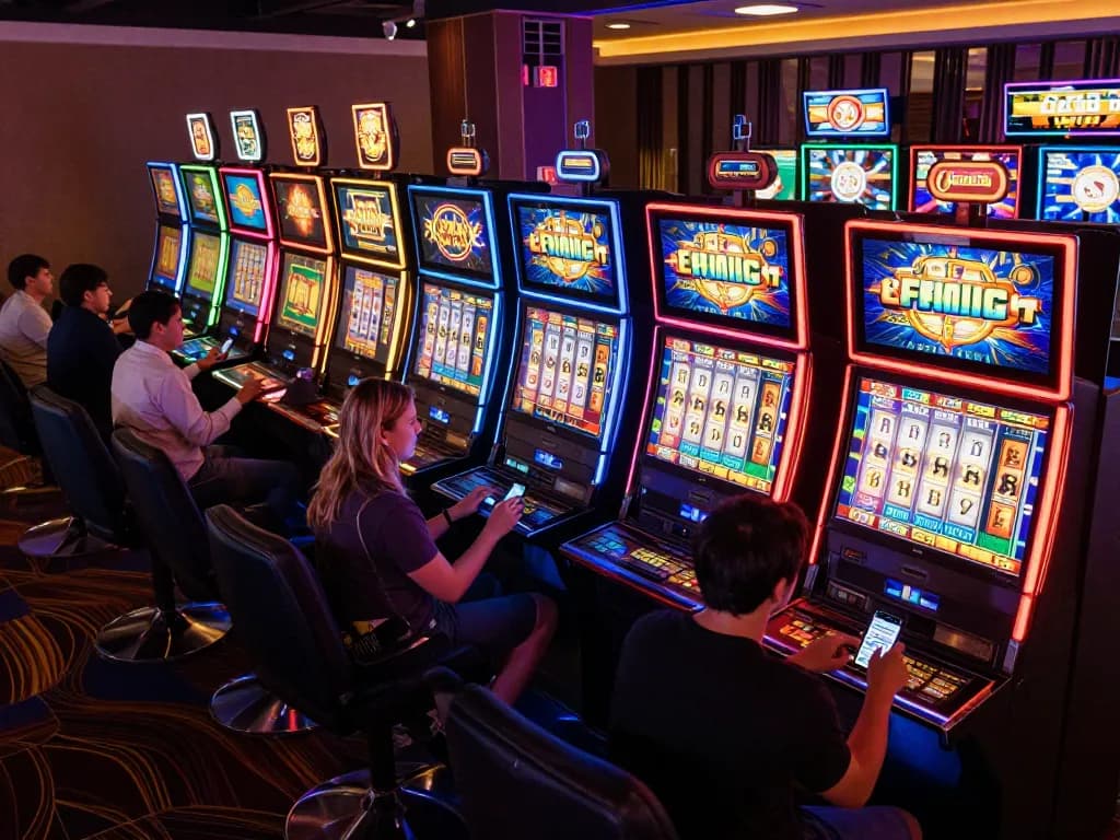 Engaged players enjoying situs mposport online indonesia at vibrant slot machines in a modern online casino.