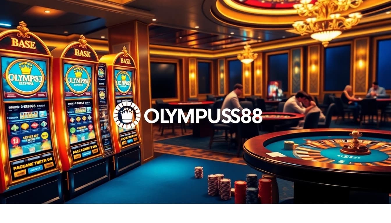 Exciting OLYMPUS88 online gambling scene with vibrant slot machines and engaged players at poker tables.
