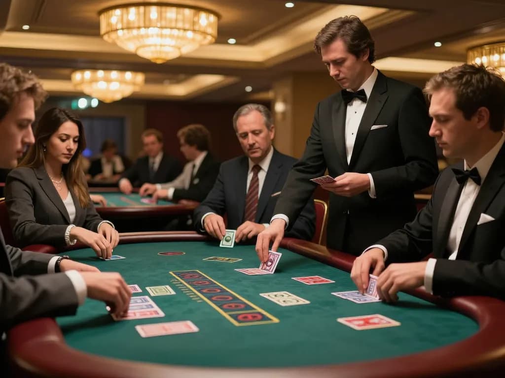 Play blackjack at nhà cái 8xbet, engaging players at the table focus on strategy and excitement in a vibrant casino setting.