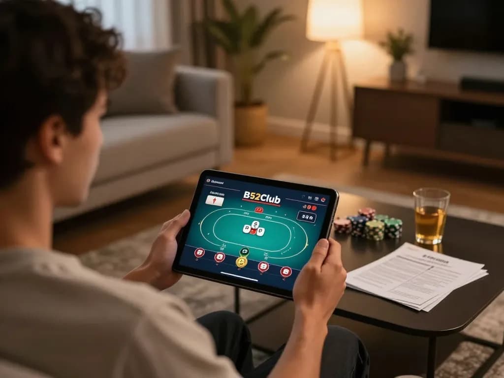 Engaged player exploring poker strategies at B52club through a tablet in a cozy home setting.