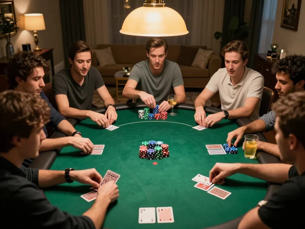 Pemain 88Pulsa bersaing dalam permainan poker yang mendebarkan dikelilingi oleh chip dan minuman yang penuh warna.
