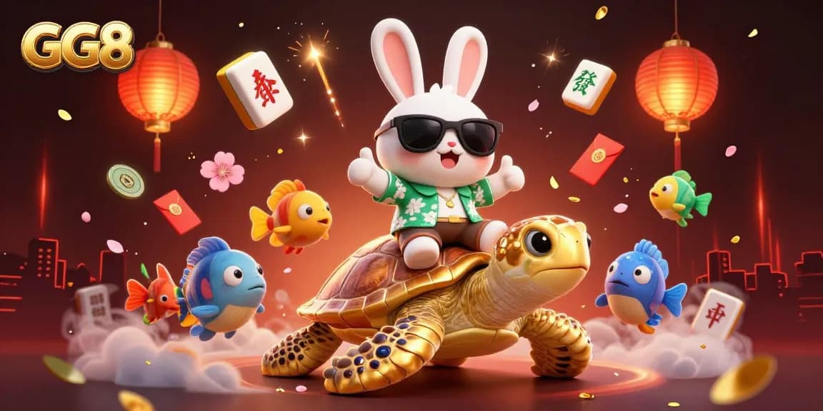 Spin and win with GG8 as a lucky rabbit and golden turtle celebrate in a vibrant casino scene.