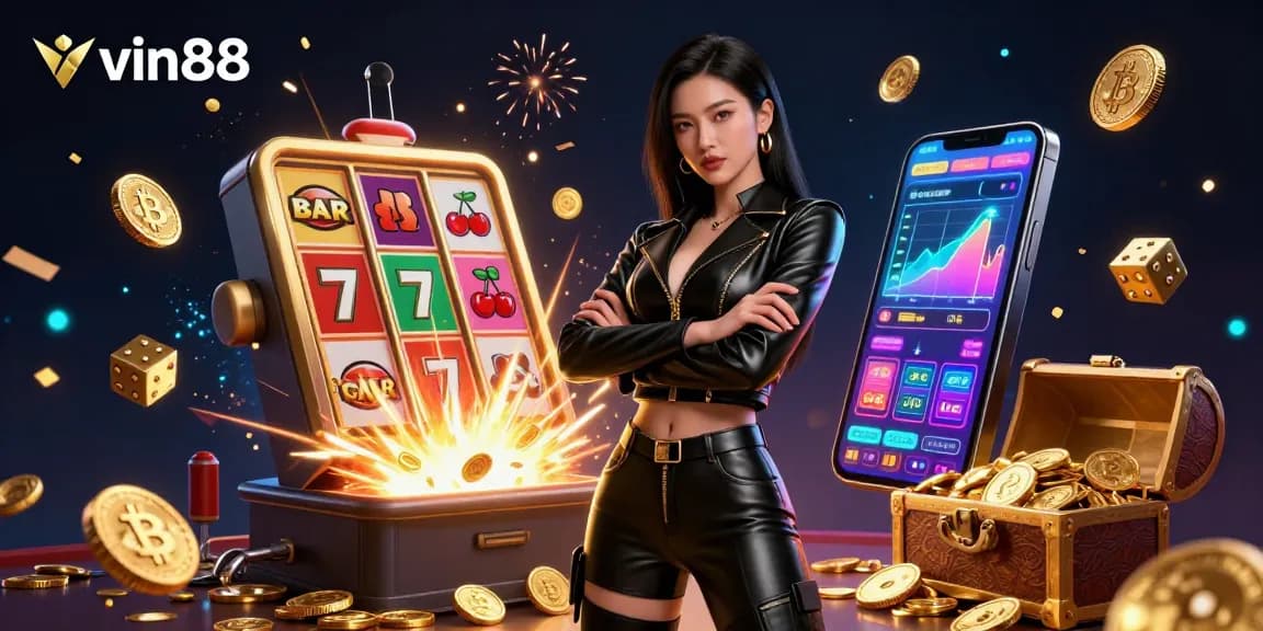 Experience vin88's exhilarating casino action with a stunning Asian woman in a futuristic setting full of winning opportunities.