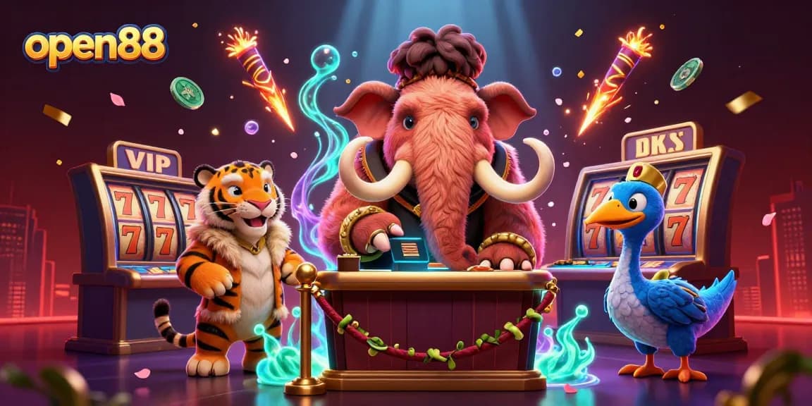 Experience the thrill of open88 with this vibrant casino scene featuring a woolly mammoth bouncer and exciting game elements.