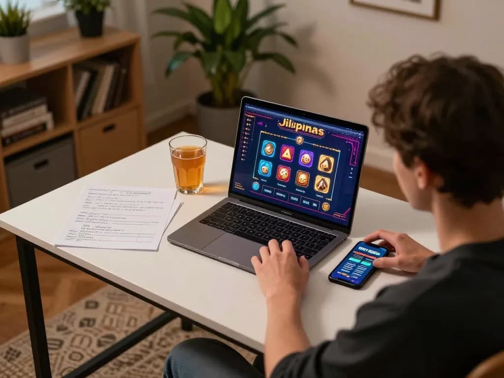 Player engaging in Jilipinas online gaming strategy at home desk, showcasing laptop and notes.
