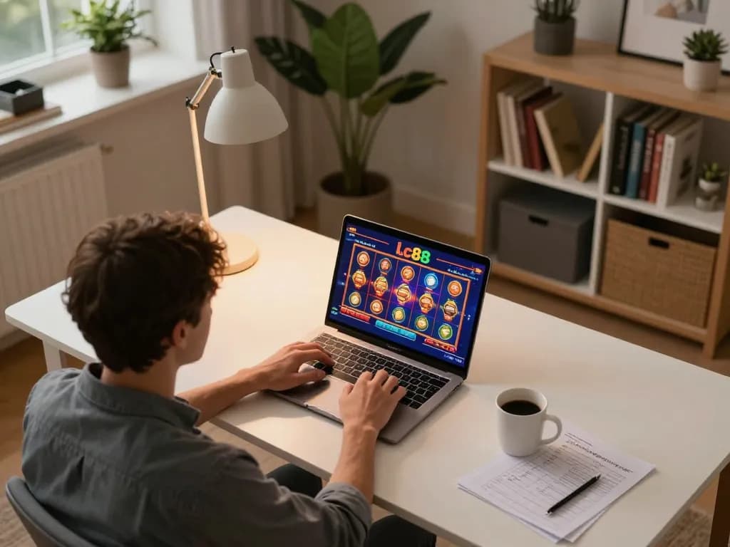 Engaged player using Lc88 for online slots in a cozy home office setting with strategic notes.