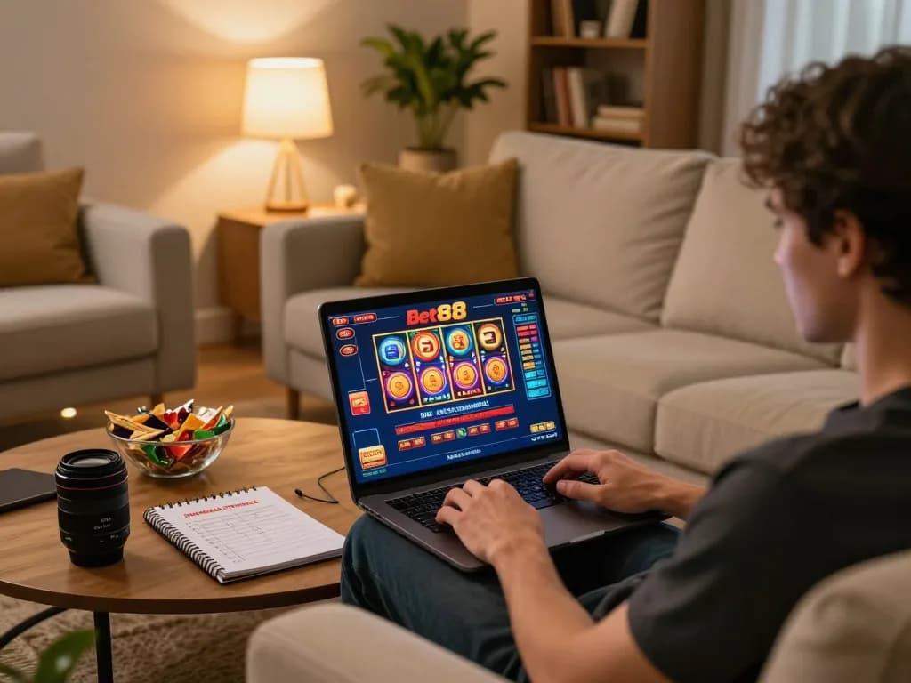Player enjoying Bet88 online casino game at home on a cozy sofa, showcasing strategies and snacks