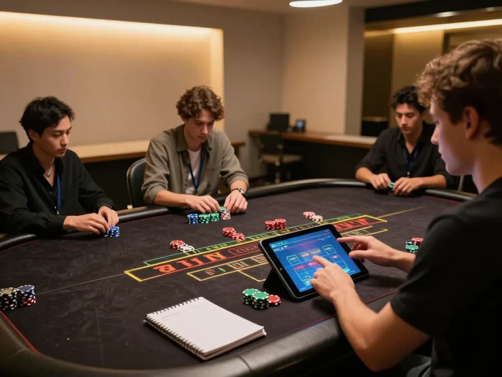 Sunwin player engaging in online casino game with interactive tablet interface and strategy notes.