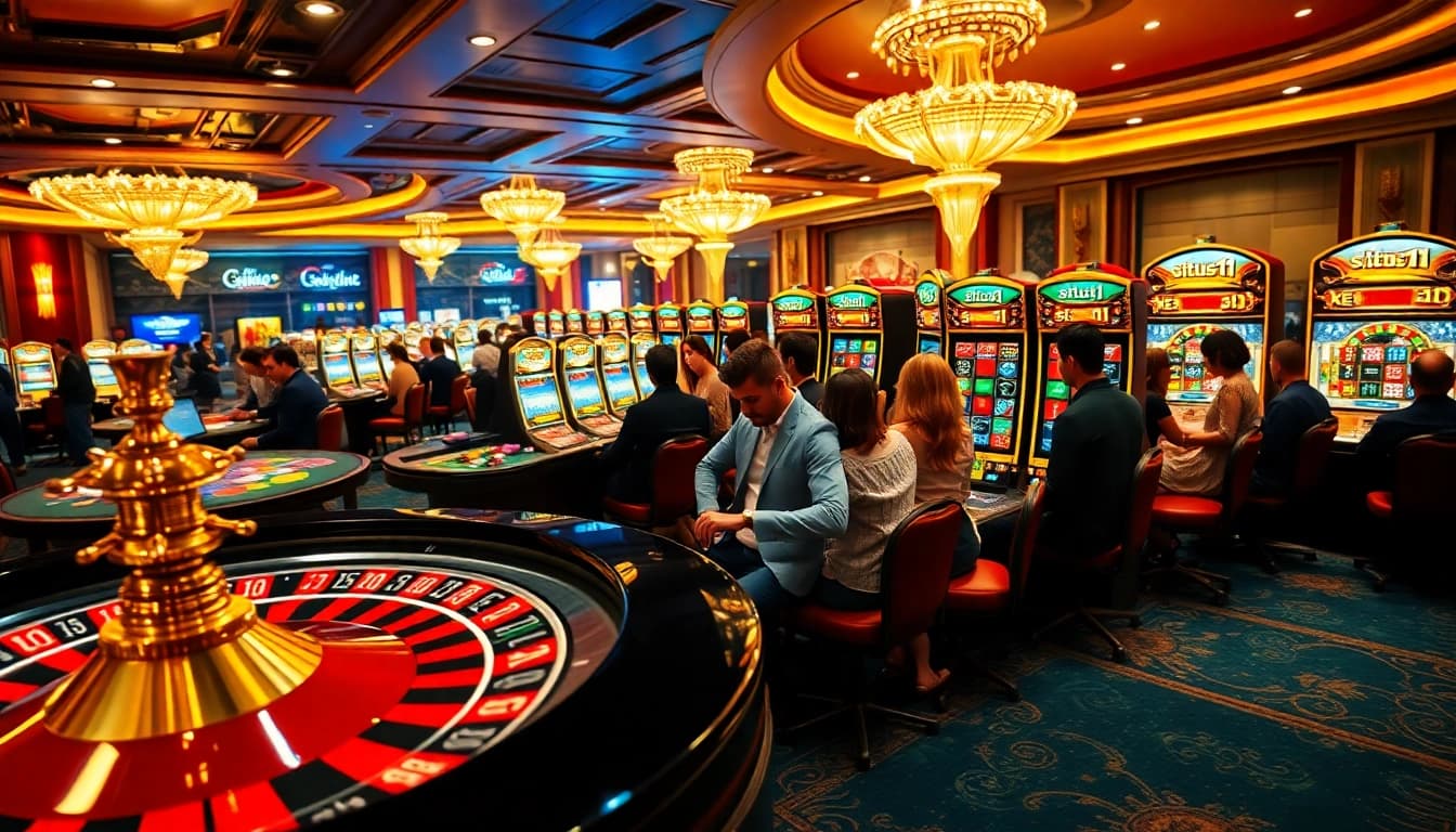 Situs 11 gamers enjoying excitement at a professional casino table with vibrant chips and cards.
