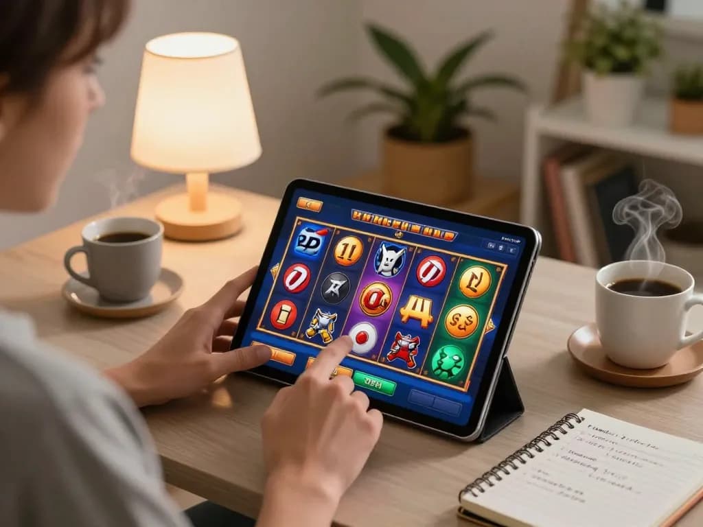 Engaging in Slot Demo gameplay on a modern tablet in a cozy living room setting with vibrant graphics.