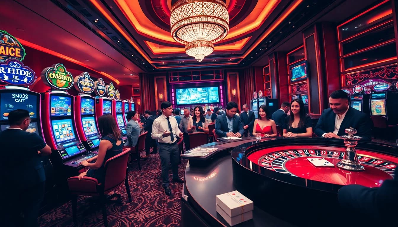 Engaging gamblers enjoying a thrilling experience at KP88 casino with vibrant decor.