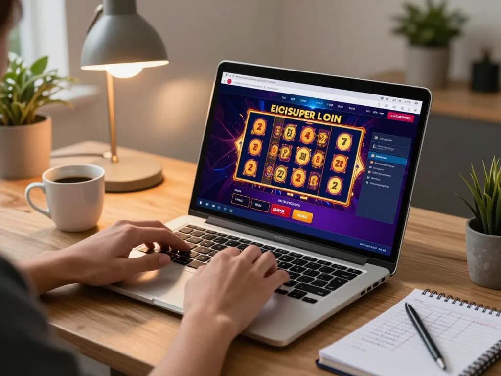 Engaging gameplay on LGOSUPER with hands on laptop screen showcasing exciting slots action.