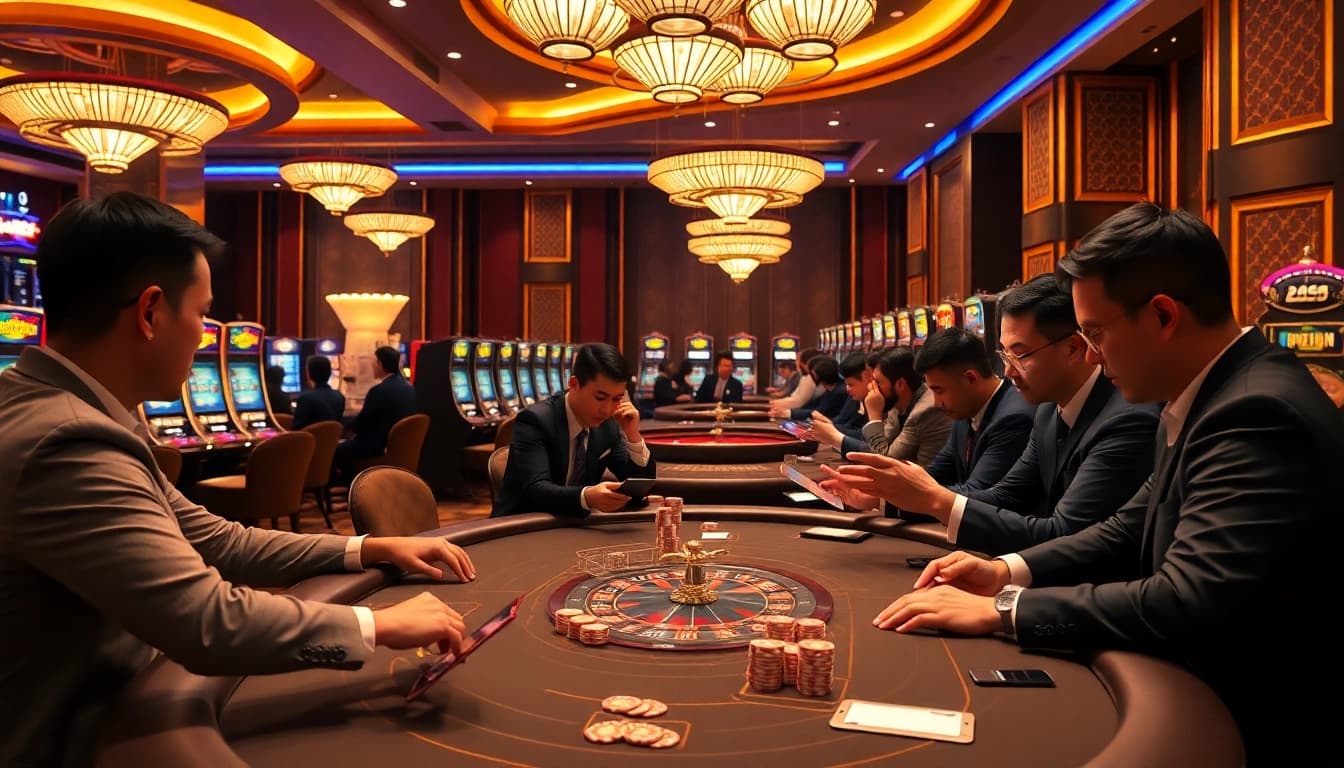 Engaging in a professional gambling environment at Nhà cái uy tín with exciting poker games and elegant casino decor.