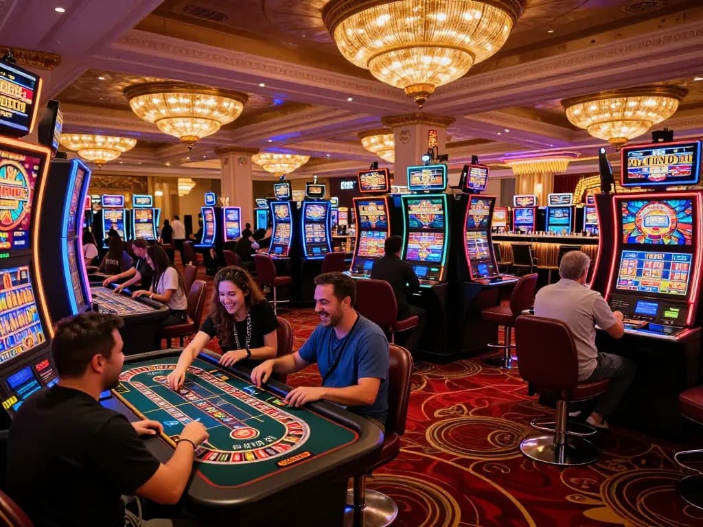 TG88 players enjoying vibrant slot machines and roulette games in a luxurious casino atmosphere