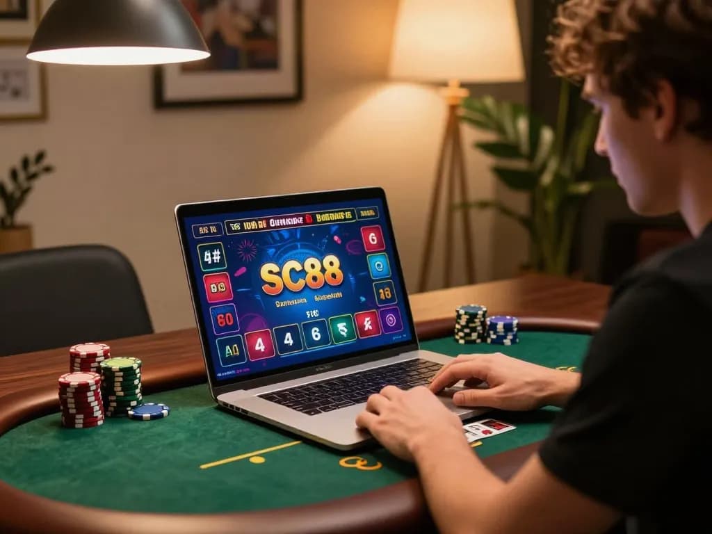 Player engaging in SC88 online poker with laptop in stylish home office atmosphere, enhancing gaming experience.