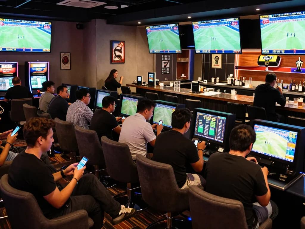 Betting on tỷ lệ kèo trực tuyến in a lively sports lounge with screens displaying events.