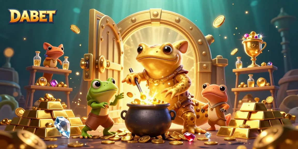 DABET players spinning golden slots and winning big prizes amidst a treasure-filled 3D scene.