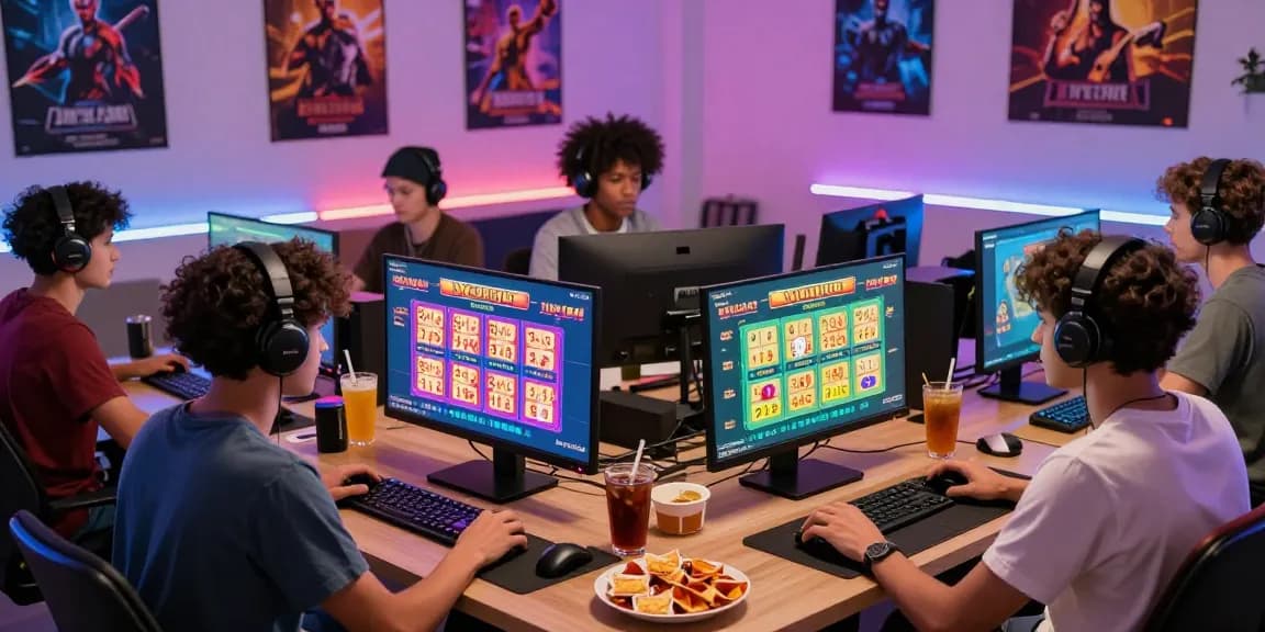 Players enjoying togel online lottery games in a vibrant gaming setup with engaging screens and snacks.