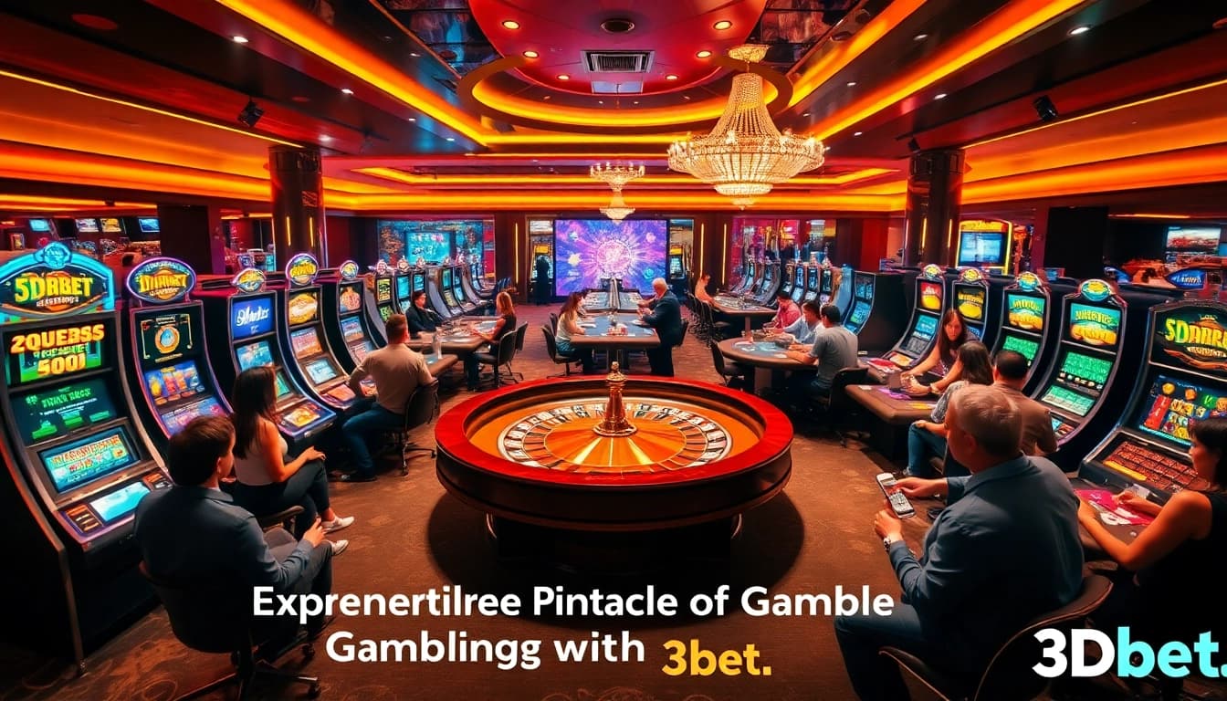 Gamblers enjoying the excitement of various games at 3Dbet casino, with vibrant tables and slot machines.