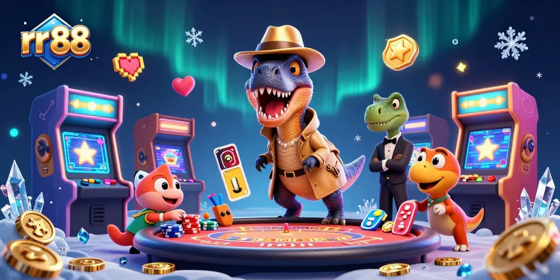 Experience immersive gameplay at rr 88, featuring a cartoon velociraptor at a blackjack table amidst a lively casino scene.