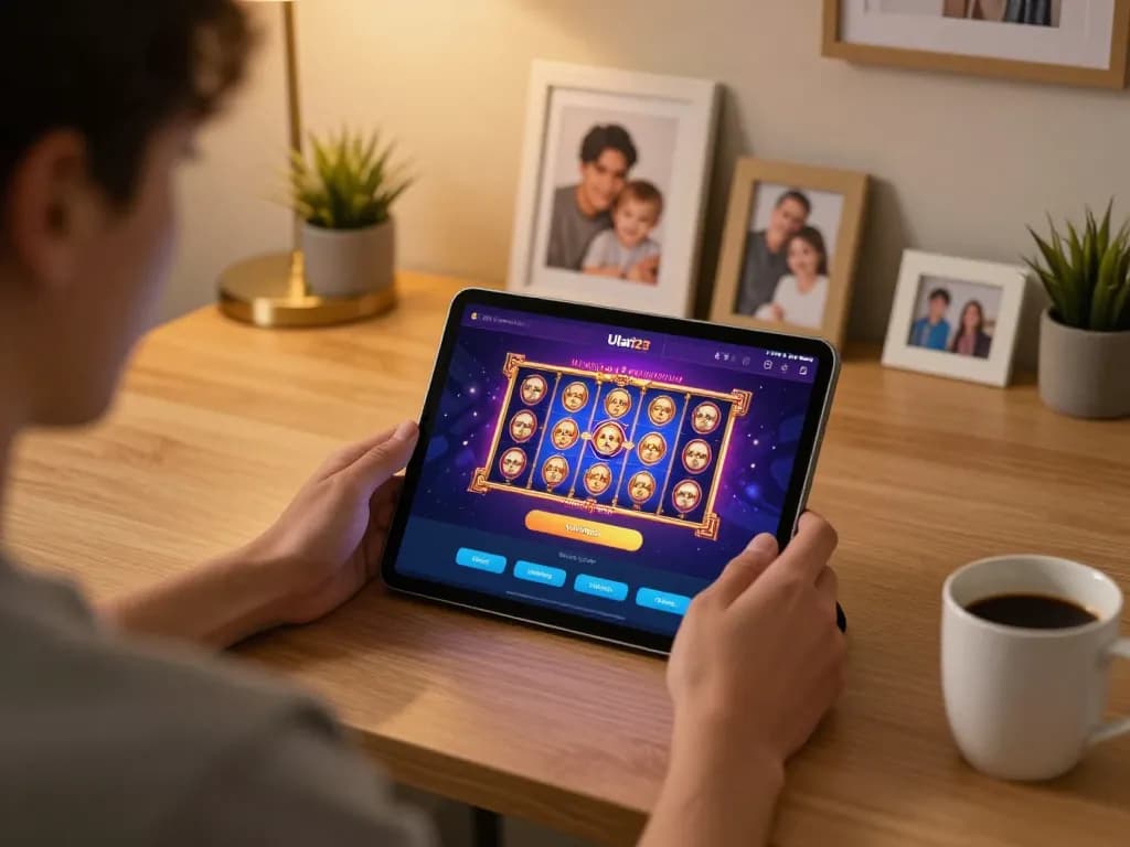 Pemain di rumah yang melakukan login Ulat123 yang mengasyikkan untuk menikmati permainan online di tablet di tengah suasana yang nyaman.