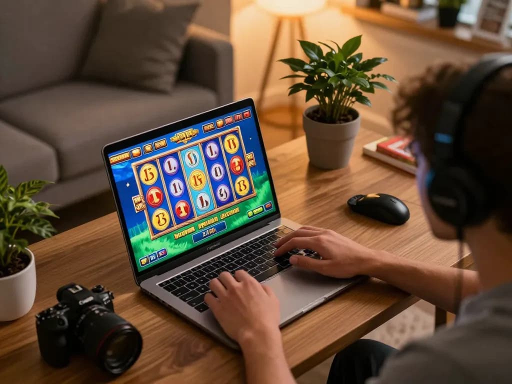 Engaging in exciting slot online gameplay on a laptop with vibrant visuals in a cozy setting