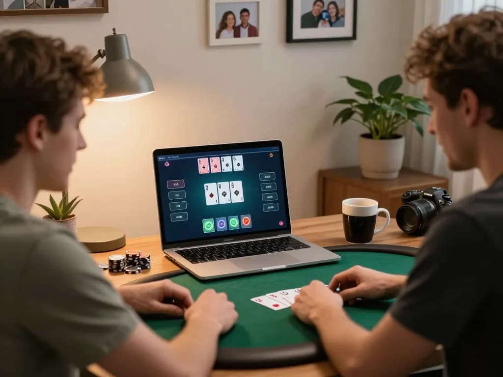 Player engaging in an online poker game on hi88, showcasing strategic gameplay in a cozy home.