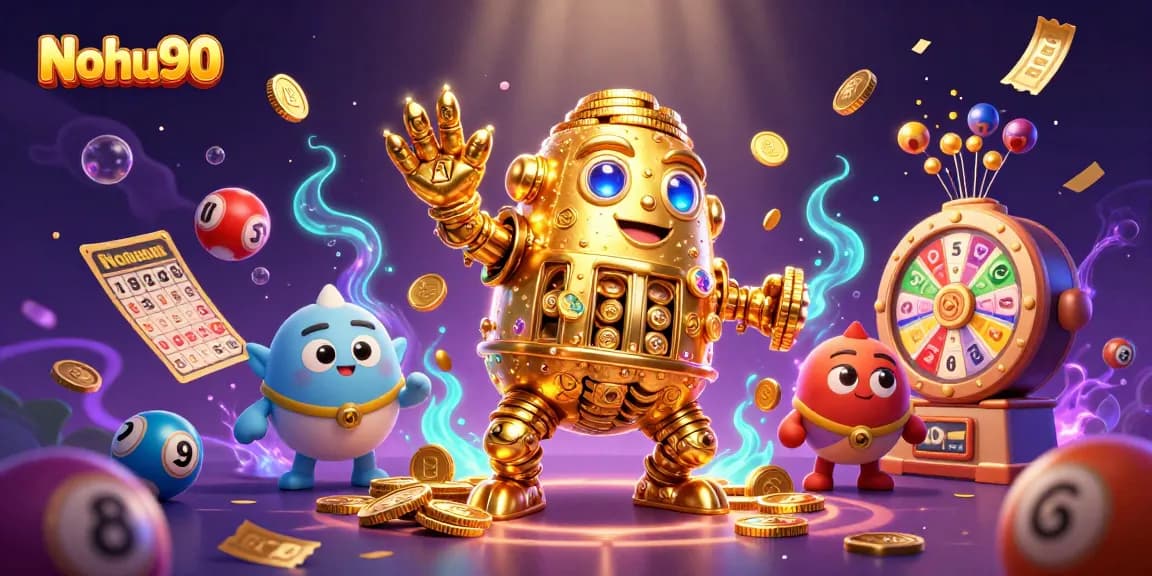 Nohu90 brings excitement with a dynamic gaming scene featuring a golden golem surrounded by colorful lottery elements.