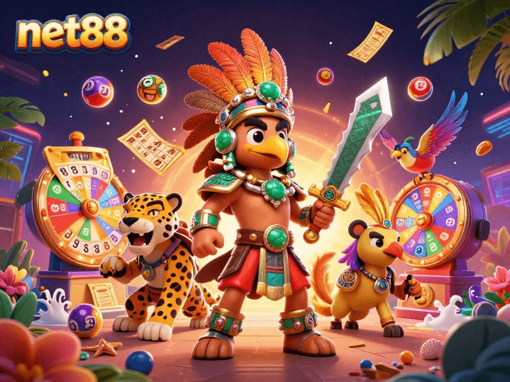 Engage with fun lottery elements at net88 featuring vibrant illustrations and dynamic scenes.