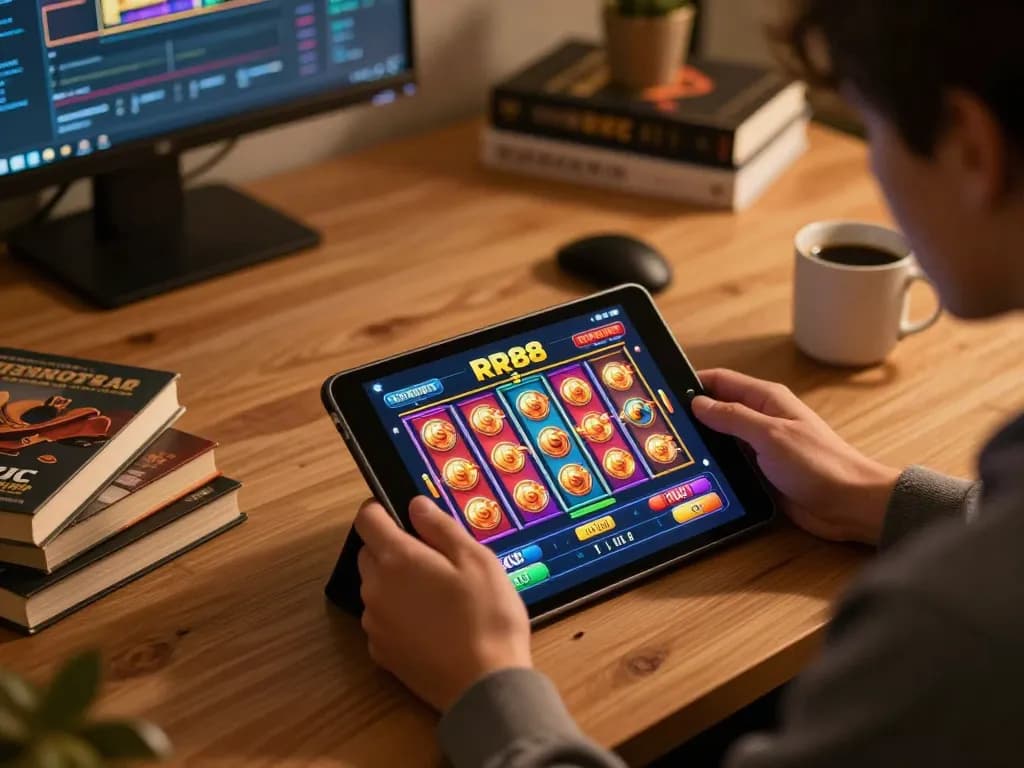 Playing RR88 KJC on a tablet with colorful slots interface enhancing the online gaming experience.