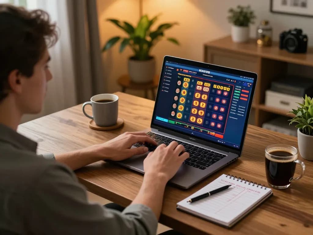 KDTOTO player engaging in online lotto and slot games at home with live draw interface.