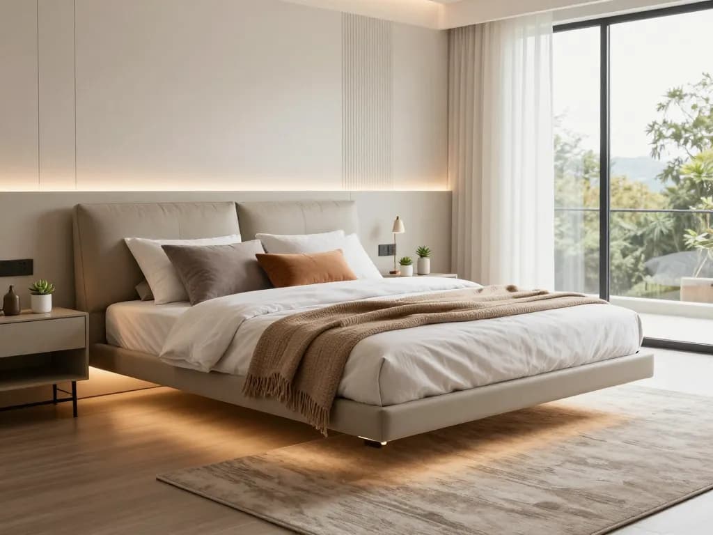 Discover stylish floating beds at https://www.josephineinteriordesign.com/floating-beds/ in a beautifully designed contemporary bedroom.