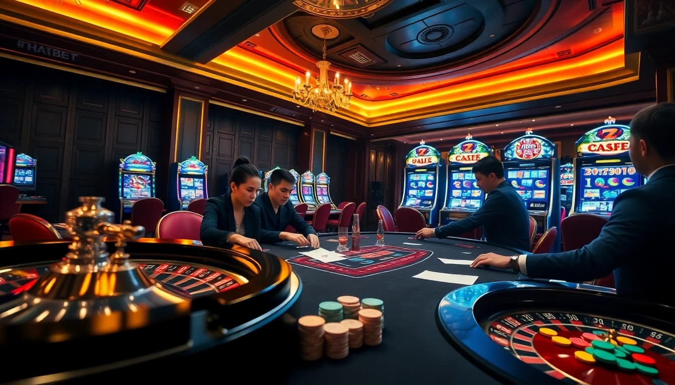 Players strategizing at a high-stakes thabet poker table in a luxurious casino setting.