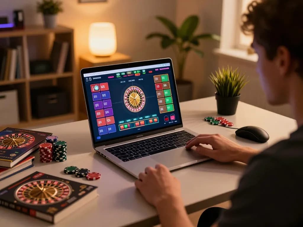 Engaging in online gaming at https://kjc.events/ with a vibrant roulette interface, chips, and cozy atmosphere.