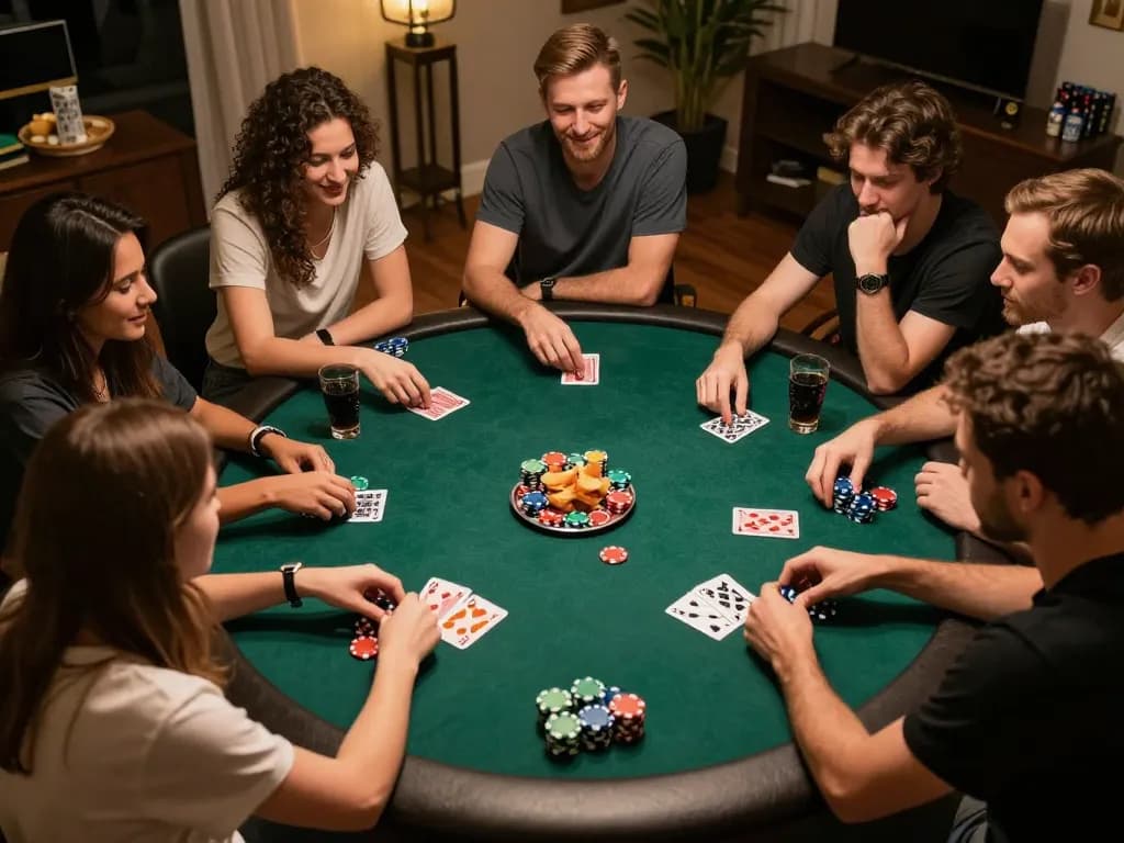 Friends enjoying a competitive poker night at home, showcasing MM 99 betting strategies.