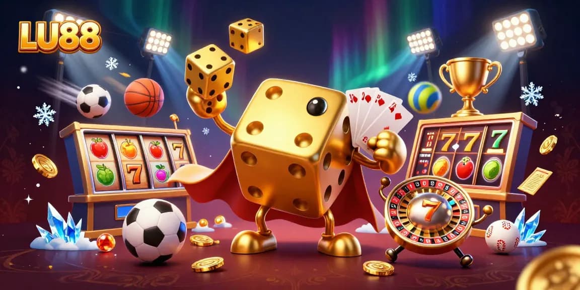 Experience the excitement of LU88 as golden dice twist and juggle among dynamic slot game elements and sports themes.