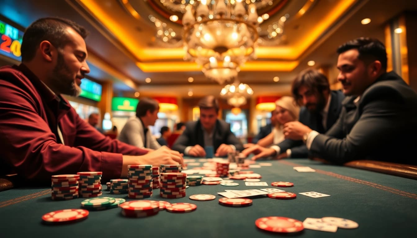 Permainan xgslot88 poker di kasino dengan pemain fokus pada meja yang ramai.