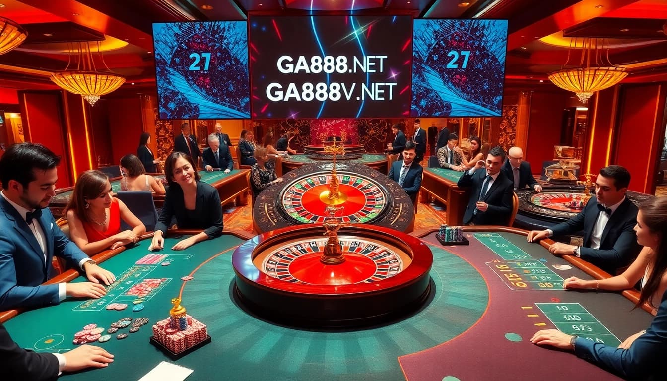 Experience the excitement of GA888V.NET with players at luxury casino tables enjoying roulette and card games.
