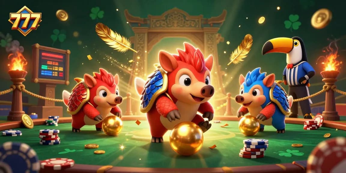 Engage with 777 gameplay as rival pangolins bowl through poker chips in an exciting casino illustration.