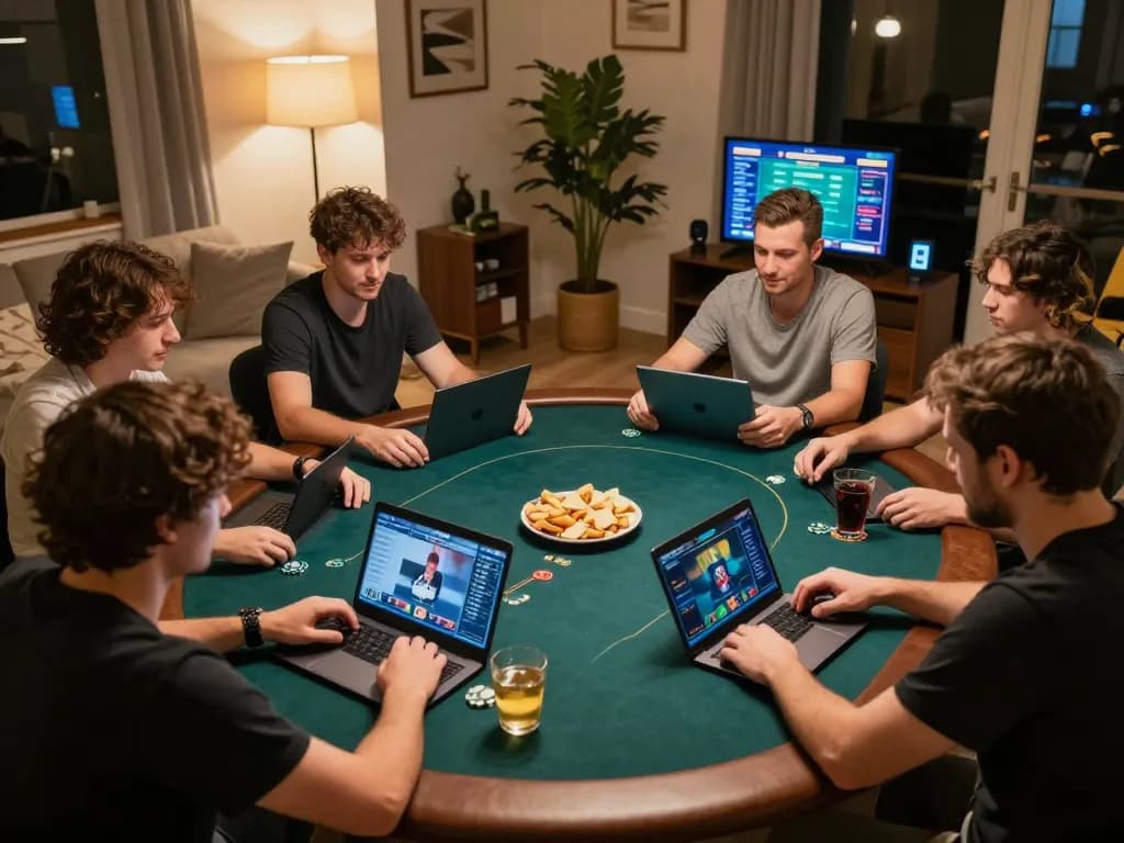 Players engaging in strategic online poker gameplay using dinamit4d platform on tablets and laptops, highlighting excitement in home setting