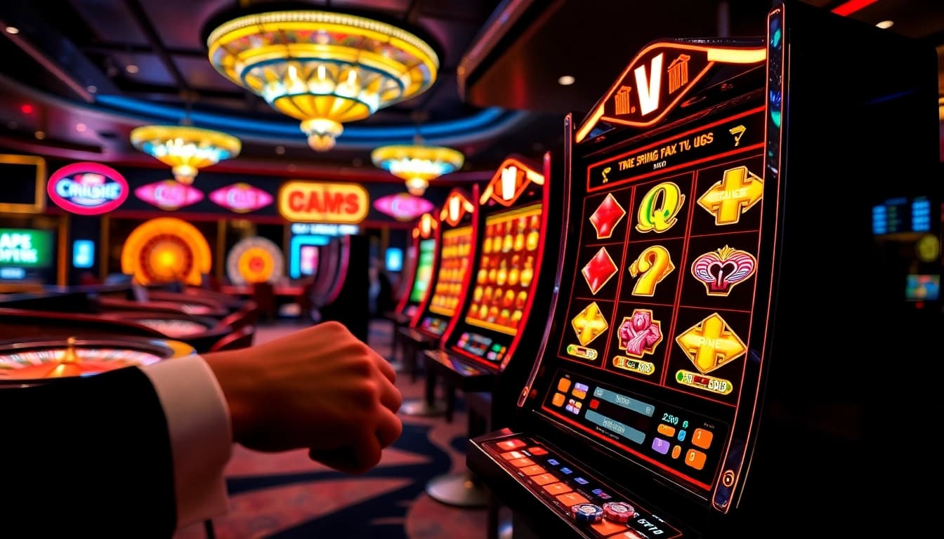 Player engaging with vibrant game nổ hũ slot machine jackpot interface in luxury casino setting