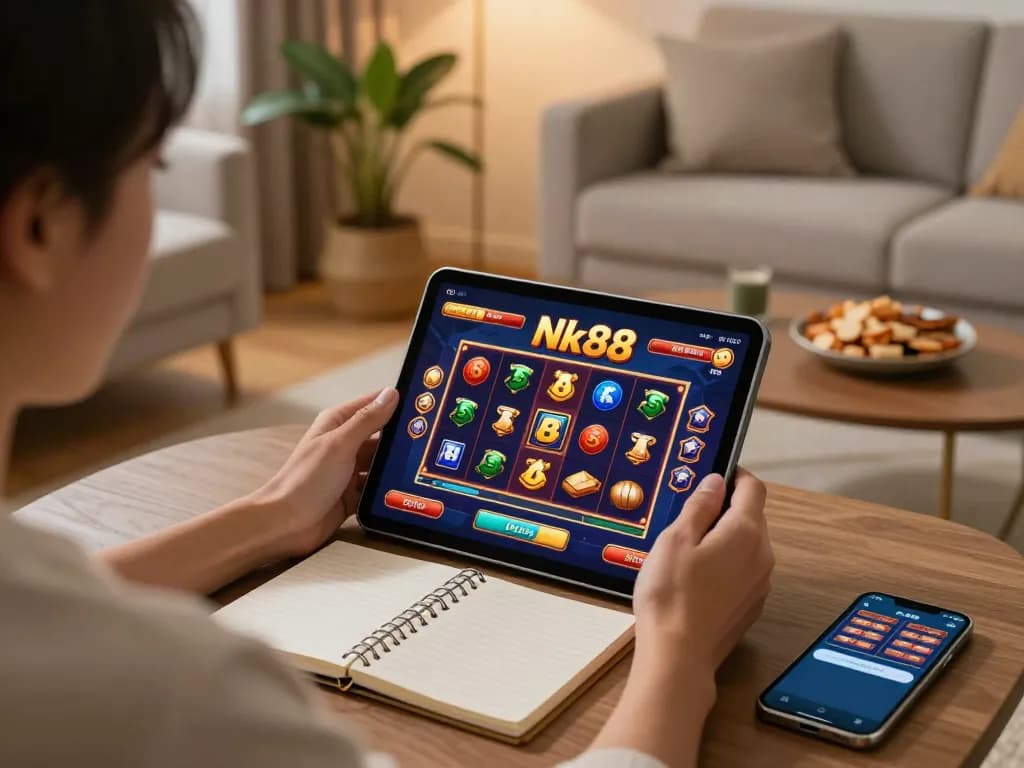 Engaged player enjoying Nk88 game on a tablet in a cozy home environment, emphasizing responsible gambling.