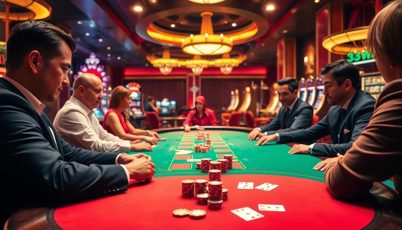 33WIN offers an exhilarating poker game experience, showcasing vibrant chips and focused players.